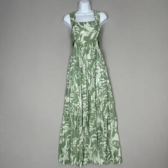 By Anthropologie Dress Womens XS Green Smocked Bandeau Leaf Tropical Cutout Maxi - Picture 1 of 14